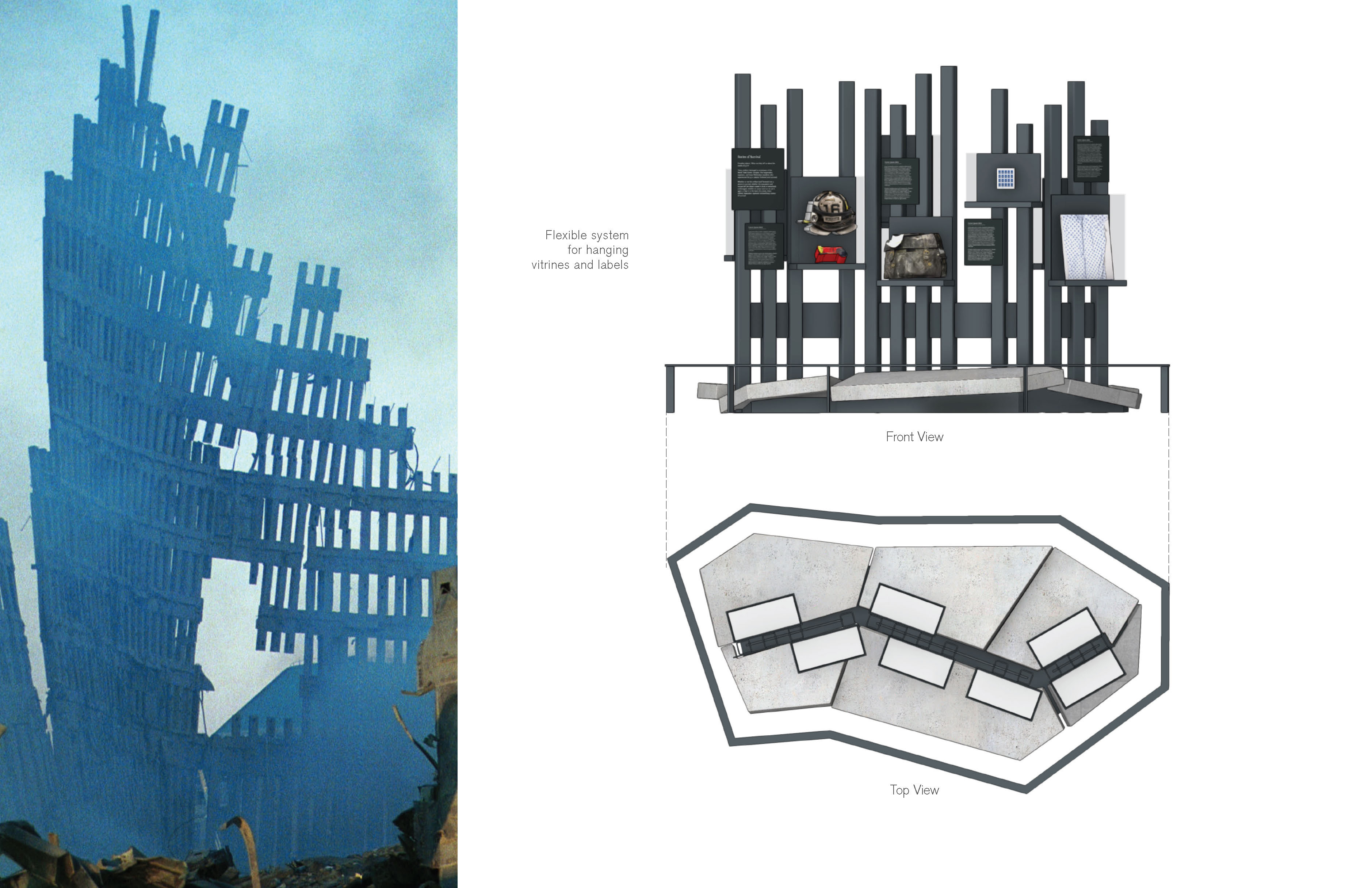 Schematic drawings for the layout of the Tribute Art Space at the September 11th Museum