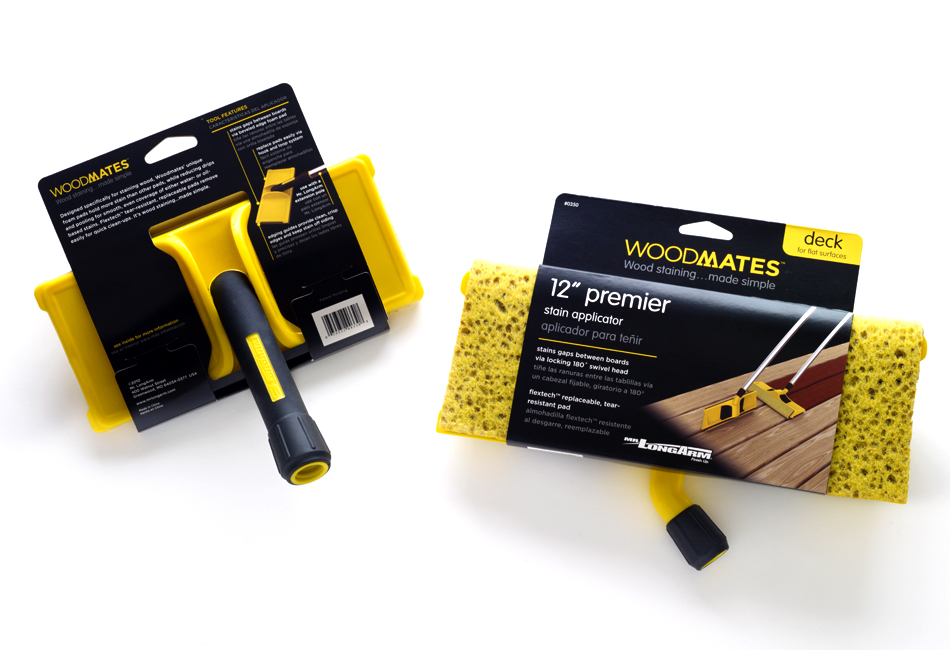 Detail of back and front of Woodmates stain applicator packaging